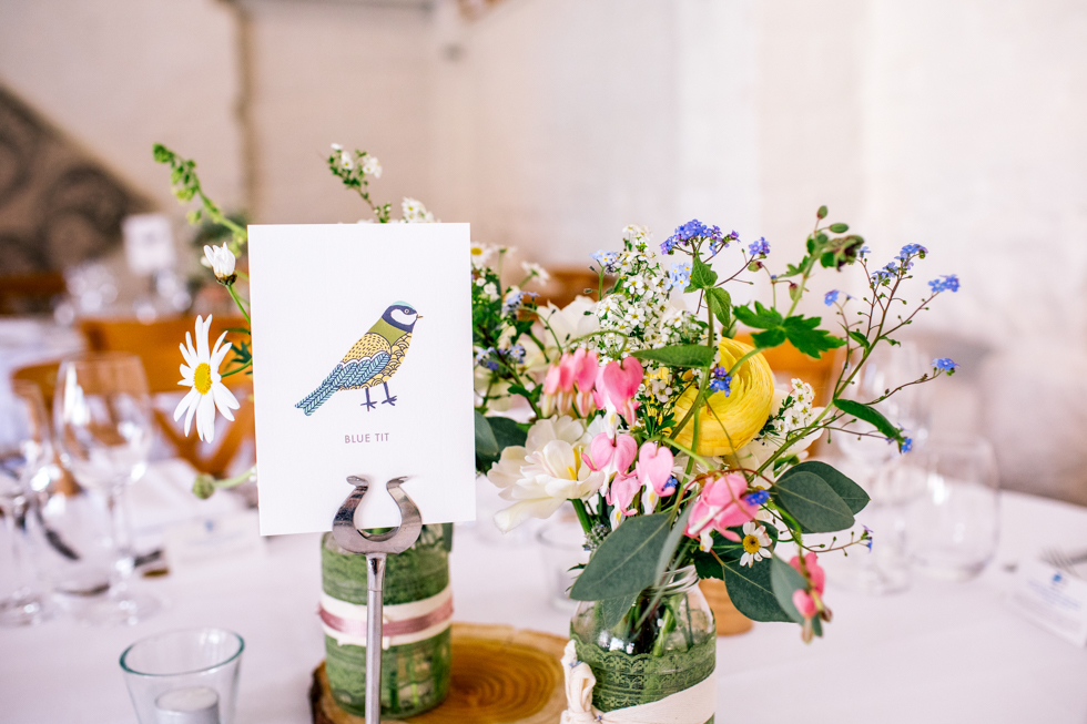 woodland bird illustration for table numbers at the Curradine barns
