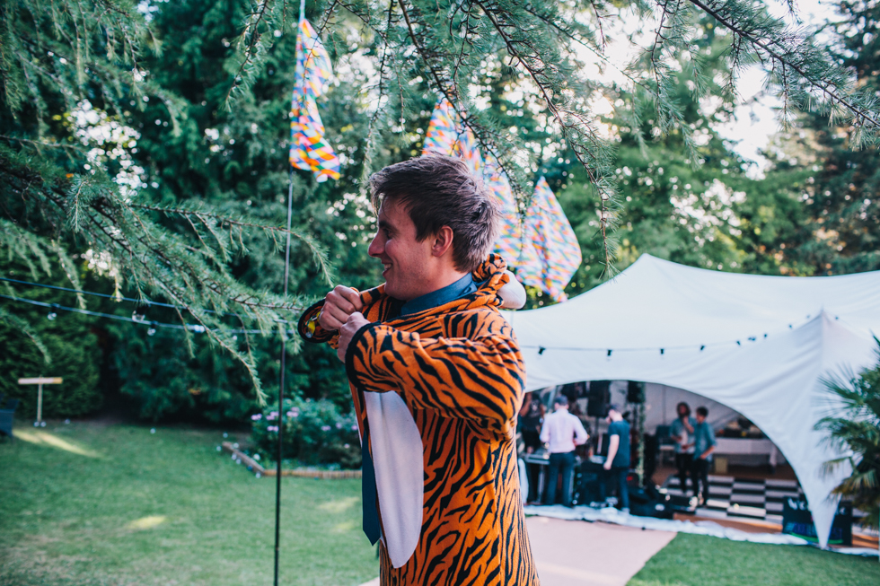 wedding guest dressed in tiger outfit for wedding reception 